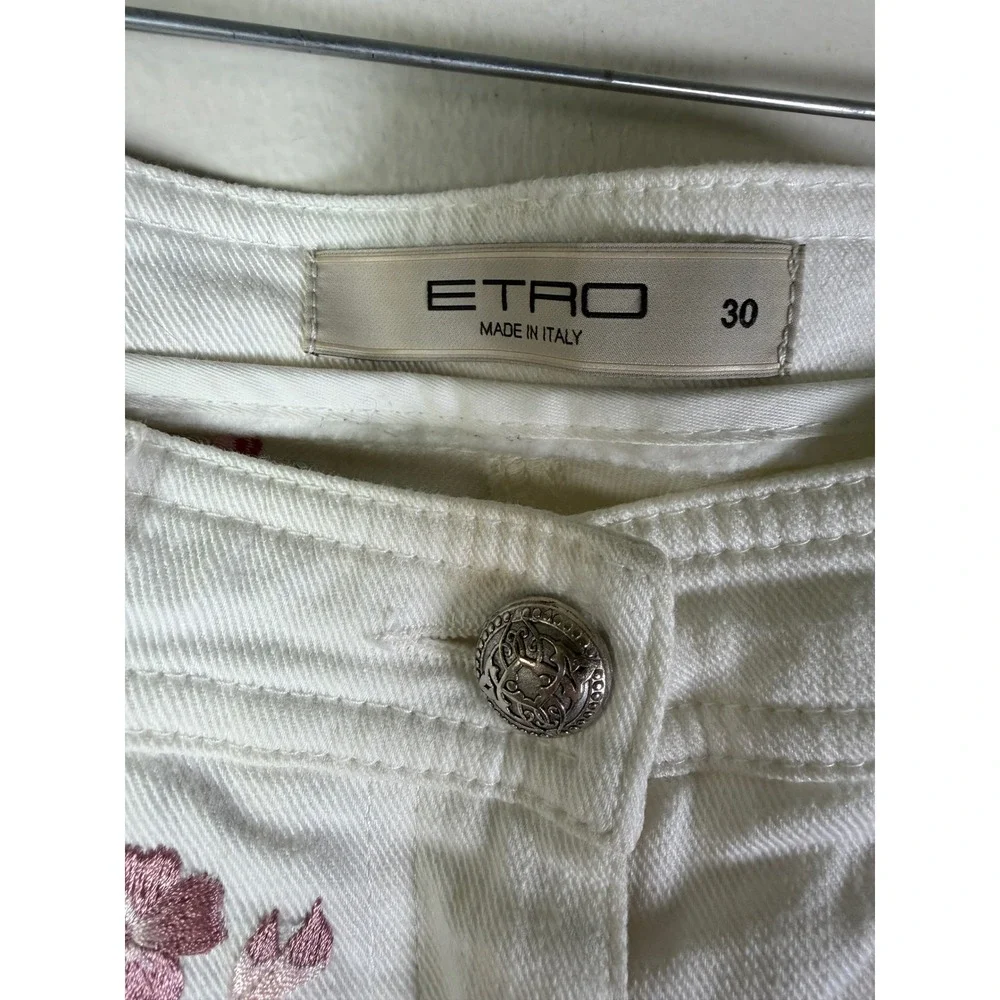 Etro Milano White Floral Embroidered Slim Straight Leg Jeans Made in Italy 30